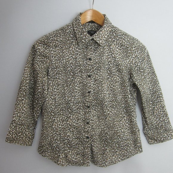 Talbots Womens 6 Petite 6P Brown White Leopard Animal Print Cotton Blouse Shirt - Picture 11 of 11